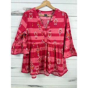 MYX Women's Pink Orange‎ Ikat Stripe Peasant Tunic Blouse Bell Sleeve Size L
